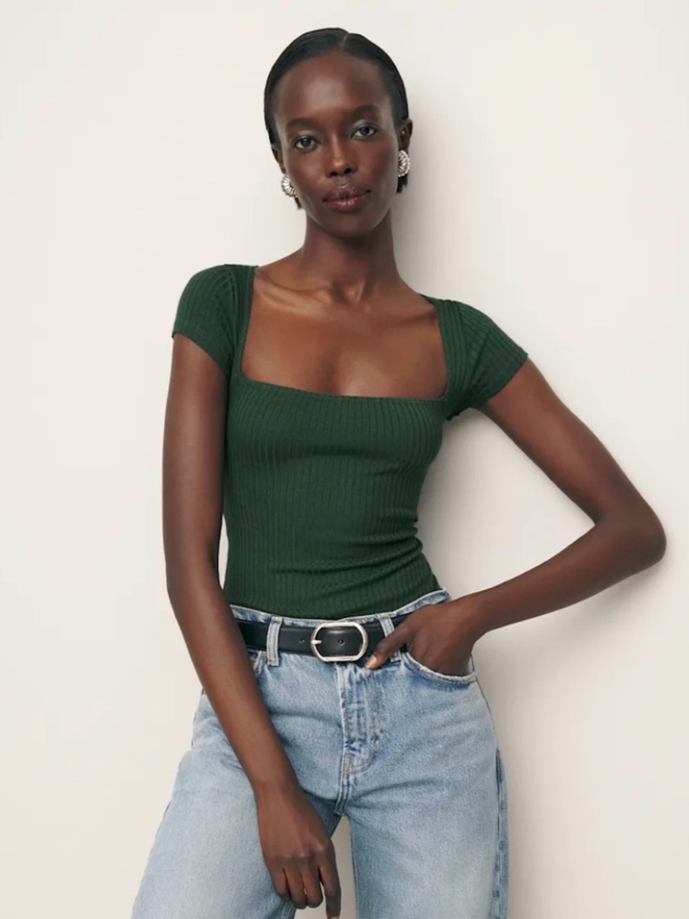 Reformation Square Neck Ribbed Short Sleeve Top - Forest Green, Size M